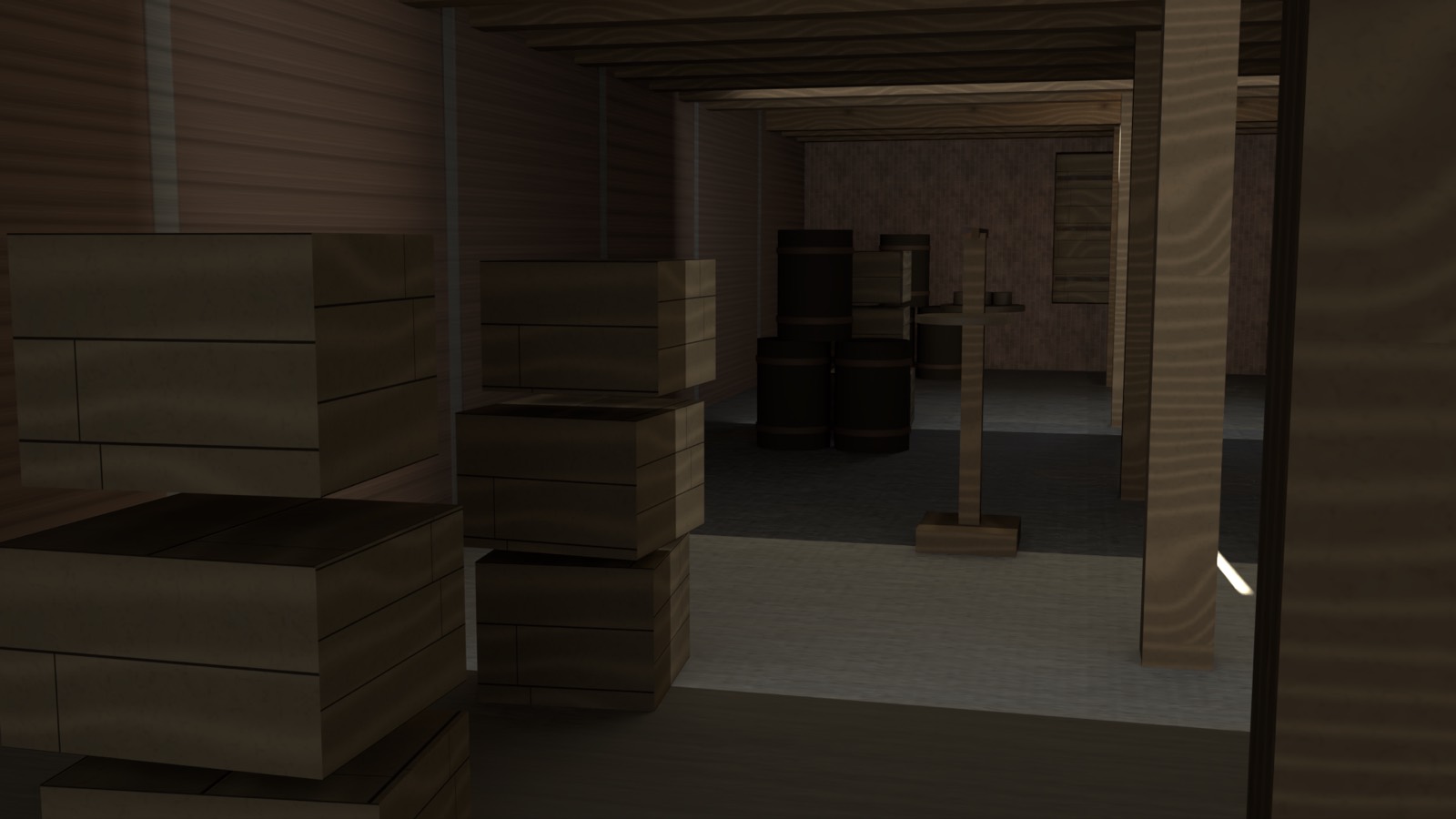 The ground-floor aisle of the Pakhuis, path-traced, with crates in the foreground and barrels at the rear wall.