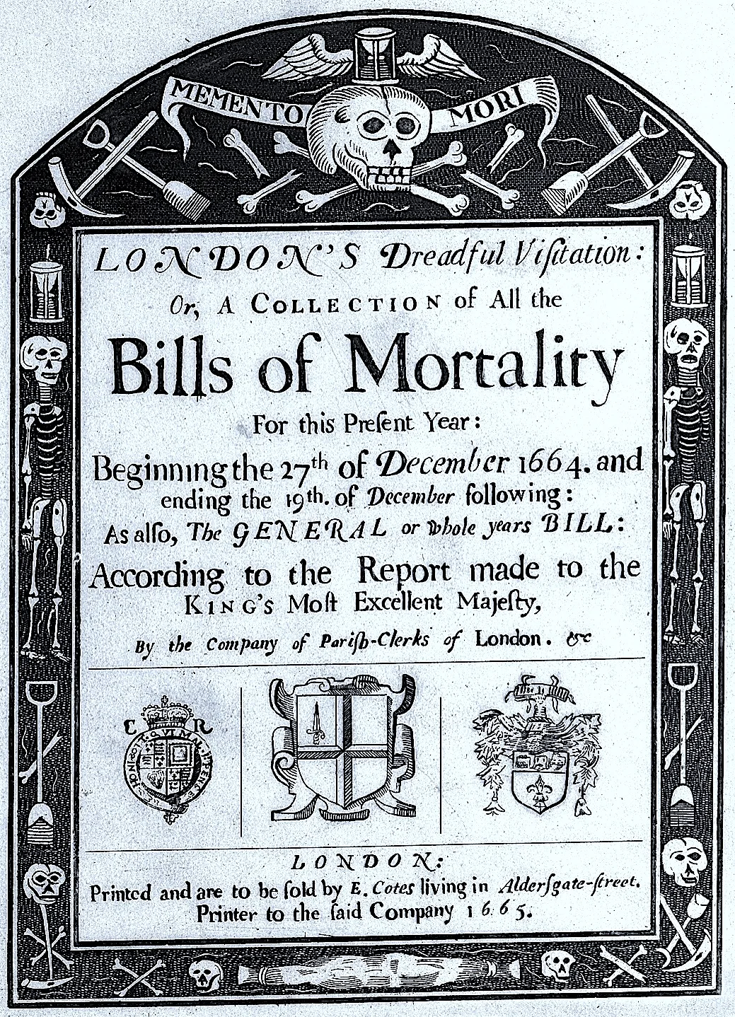 Title page of London's Dreadful Visitation, the 1665 Bills of Mortality, bordered with skulls