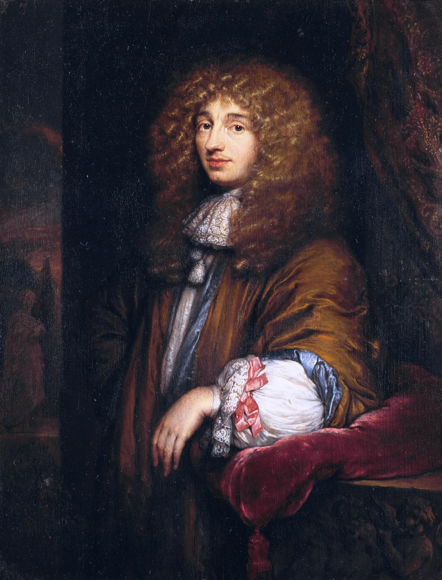 Portrait of Christiaan Huygens by Caspar Netscher, 1671, a young man with long curled hair in a brown silk robe