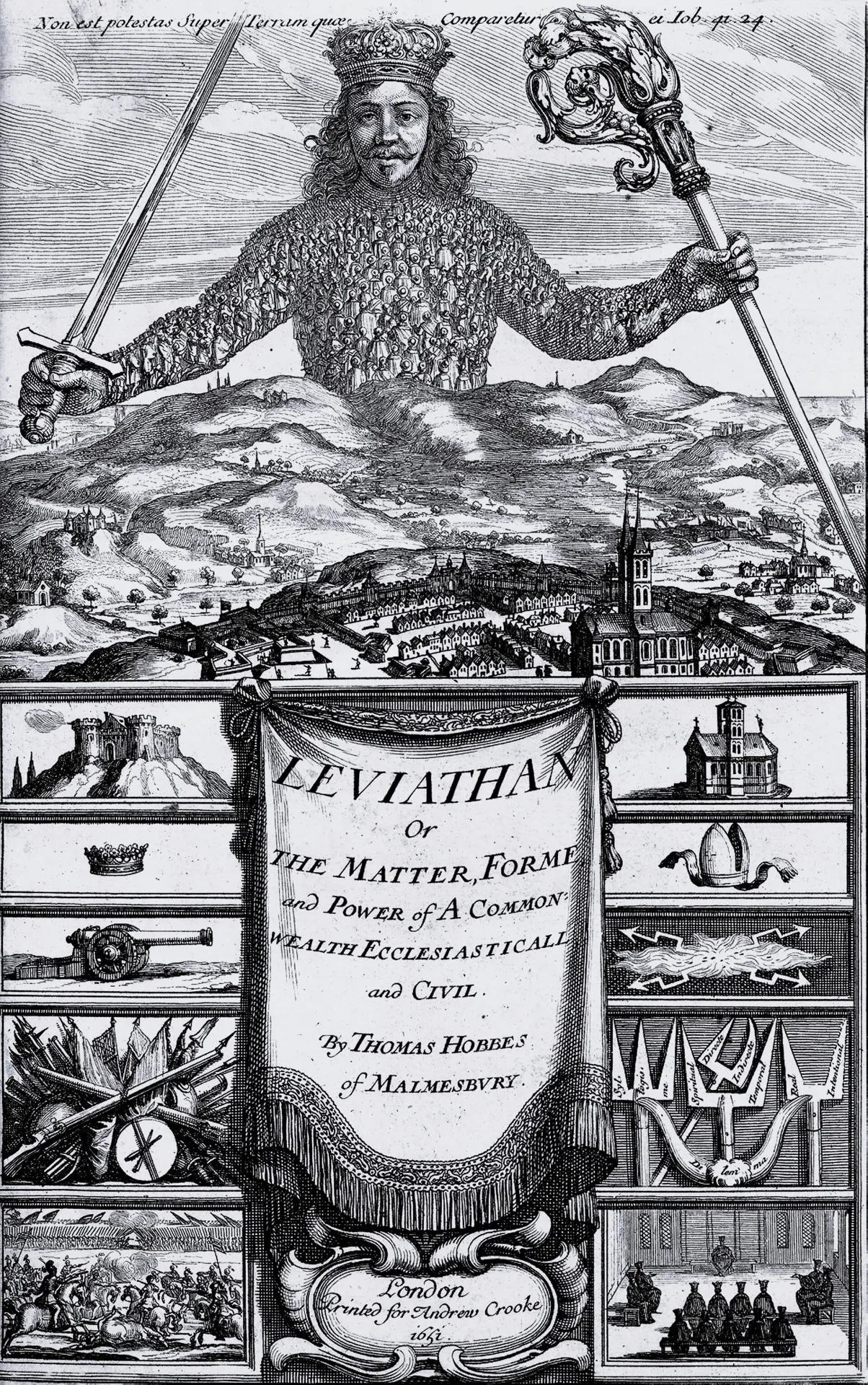 Frontispiece of Hobbes's Leviathan, a giant crowned figure made of many small people